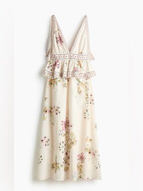 H&M Cream Floral Maxi Dress with Peach-Pink Accents fully lined